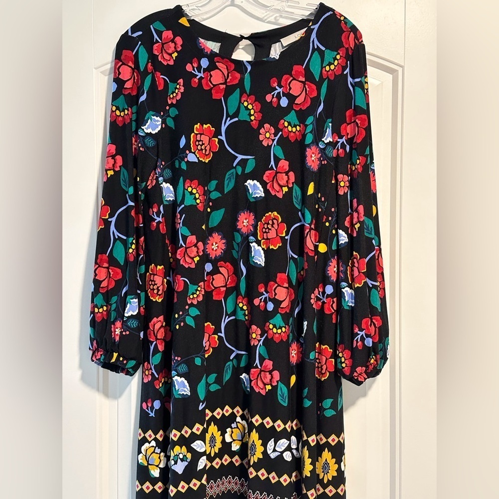 EUC Loft black and red floral long sleeve swing dress size XS